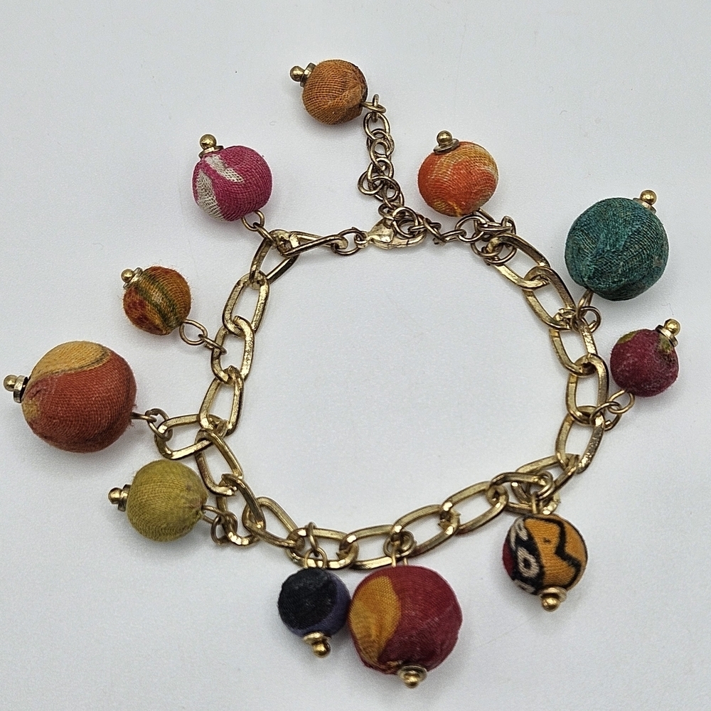 VINTAGE Multicolor Fabric Bead Charm Gold Tone Chain Bracelet